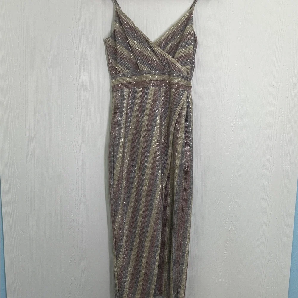 Saylor - Meghan Multi Colored Sequin Stripped Faux Wrap Midi Dress Size Small